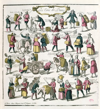 Venditori ambulanti a Parigi, fine XVII secolo (incisione a colori) da French School