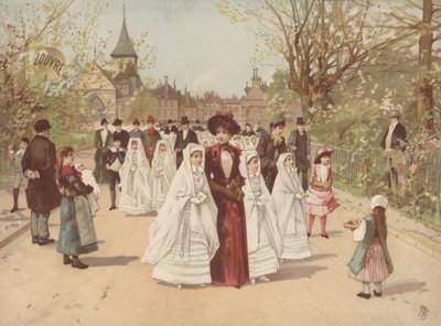 Scena di strada con ragazze che indossano abiti da cresima da French School