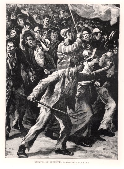 Scioperanti che manifestano per le strade di Chicago durante i disordini di Pullman del 1894, c.1895 da French School