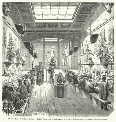 Studenti in una classe in una scuola gratuita di disegno, Francia (incisione) da French School