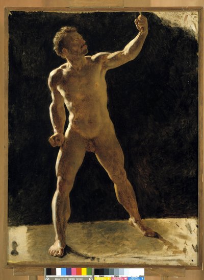 Studio di un uomo nudo che alza il pugno da French School
