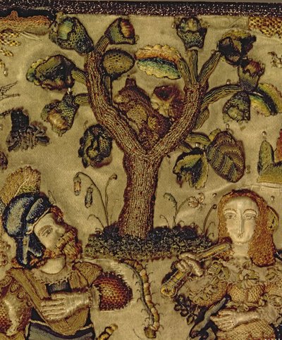 Ricamo raffigurante una coppia sotto un albero, dettaglio dal coperchio di un cofanetto da French School