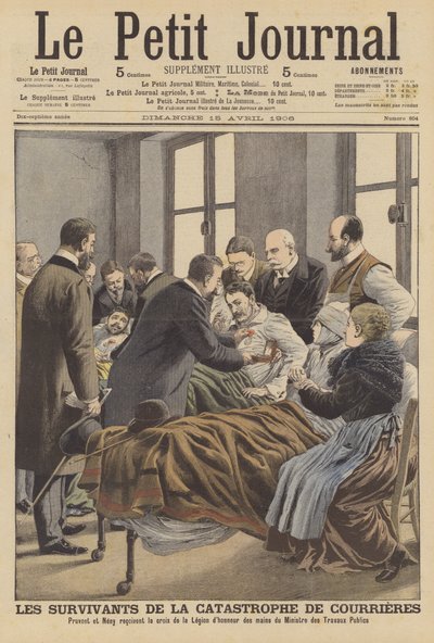 Sopravvissuti al disastro della miniera di Courrieres (litografia a colori) da French School