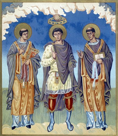 Incoronazione simbolica di un principe francese circondato da religiosi. Illustrazione tratta da "La Francia nel IX secolo" da French School