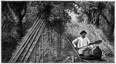Syringuero impegnato a fumare il lattice formando gomma. Incisione del 1898. da French School