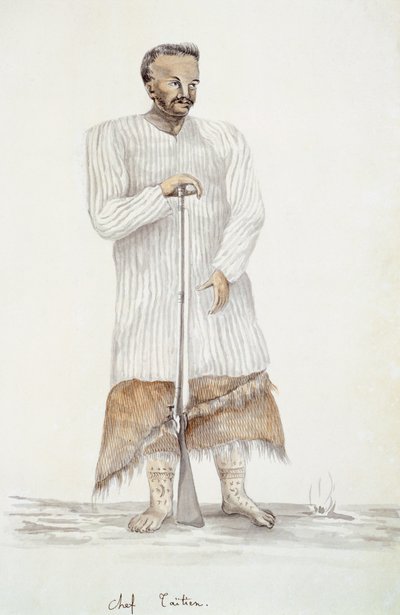 Capo tahitiano, illustrazione dal Viaggio di Louis I Duperrey, di LF Lejeune da French School