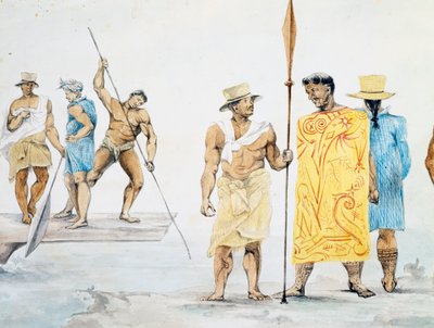 Capi tahitiani che salgono a bordo della Coquille, disegno di Jules-Louis Lejeune, basato su Viaggio intorno al mondo da French School