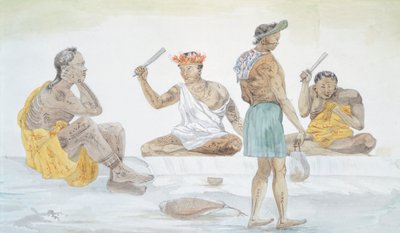 Battitori di stoffa tahitiani, di L. F. Lejeune dal Viaggio di Louis I Duperrey (1822-1825), Polinesia XIX secolo da French School
