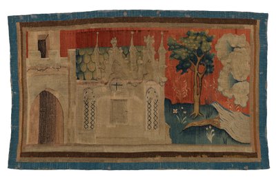 Frammento di arazzo raffigurante chiesa gotica nel paesaggio, dall