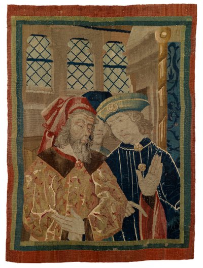 Frammento di arazzo raffigurante tre figure da French School