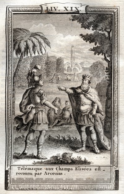 Telemaco negli Champs Elisees è riconosciuto da Arcesio - incisione del 1798 dopo Monnet in 