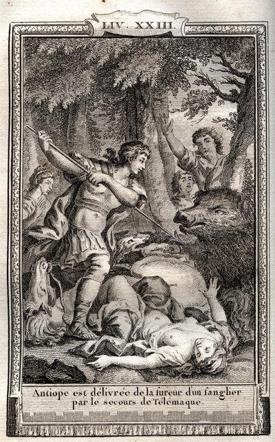Telemaco libera Antiope da un cinghiale - incisione del 1798 di Monnet in 