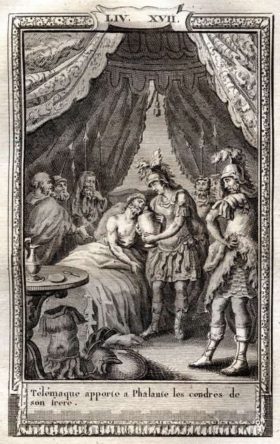 Telemaco si prende cura delle ferite di Falante e gli porta le ceneri di suo fratello - incisione del 1798 dopo Monnet in 