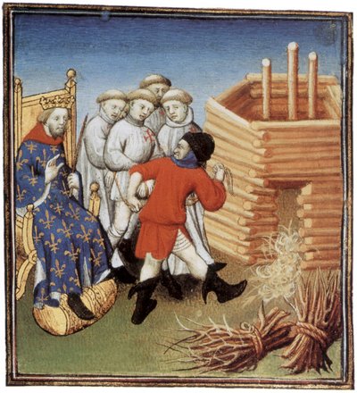 I Templari vengono giustiziati sotto lo sguardo del re francese Filippo IV il Bello nel 1310, miniatura da French School