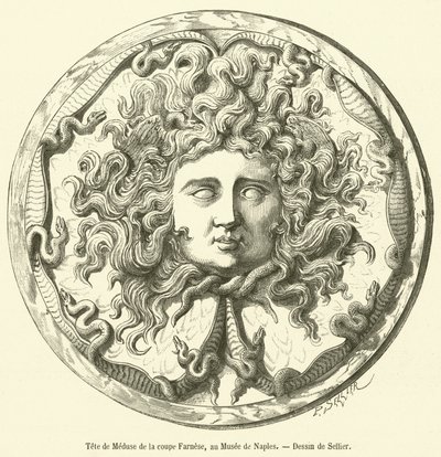 Testa di Medusa della coppa Farnese, al Museo di Napoli (incisione) da French School