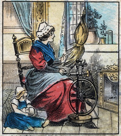 Tessile, lino. Una donna usa una ruota meccanica per filare il lino. Incisione. Immagine di Epinal fine XIX secolo. da French School