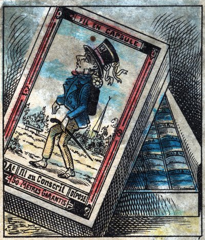 Tessile, lino. Scatola di fili da cucito in capsula del marchio Dae. Incisione. Immagine di Epinal fine XIX secolo da French School