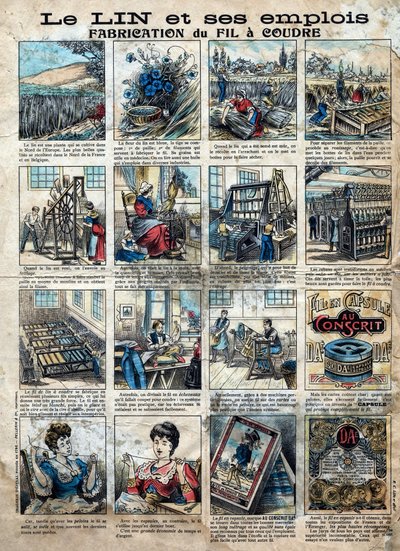 Tessile, lino. Le fasi di cucitura, fabbricazione, uso e commercializzazione del lino per fare filo da cucito. Incisione. Immagine di Epinal della fine del XIX secolo. da French School