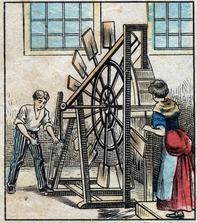 Tessile, lino. Lavorazione del lino per far cadere la paglia mediante i mulini e ottenere così la filaccia. Incisione. Immagine di Epinal della fine del XIX secolo da French School