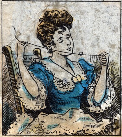 Tessile, lino. Donna che usa una palla per utilizzare fili da cucito. Incisione. Immagine di Epinal fine XIX secolo da French School
