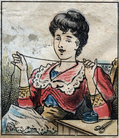 Tessile, lino. Donna che usa capsule per utilizzare fili da cucito. Incisione. Immagine di Epinal fine XIX secolo da French School