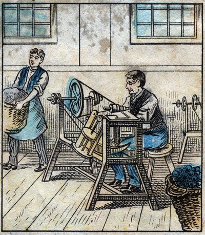 Tessile, lino: laboratorio. Il filo da cucito è disposto su carte o rotoli in una palla. Incisione. Immagine di Epinal fine XIX secolo da French School