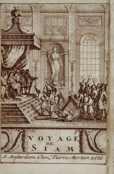 Ambasciatori siamesi ricevuti a Parigi da Luigi XIV, frontespizio di Viaggio in Siam di Guy Tachard, 1688 da French School