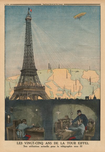 Il 25º anniversario della Torre Eiffel ora utilizzata per la telegrafia senza fili, illustrazione di copertina da 