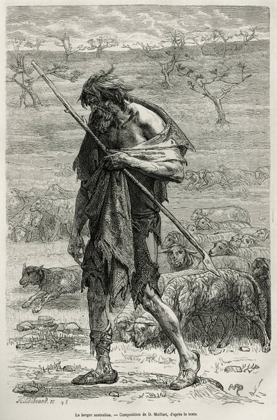 Il pastore australiano, inciso da un disegno di D.Maillart, per illustrare la storia sei mesi in Australia, di Desire Charnay, una missione assegnata dal Ministero dell