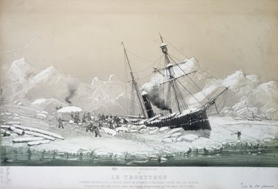 Il piroscafo a vite austriaco Tegetthof bloccato nel ghiaccio e attaccato da orsi polari durante il viaggio di esplorazione al Polo Nord 1872-4 da French School