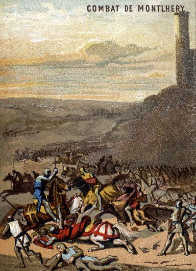 La battaglia di Montlhery (1227): I regni e la feudalità - Bianca di Castiglia, reggente di suo figlio Luigi IX, doma la rivolta dei grandi feudatari. Cromolitografia della Serie "Patriotic Education through Image" da French School