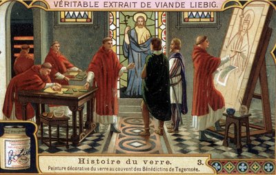 I monaci benedettini del Convento di Tegernsee in Baviera (Germania) decorano il vetro. Cromolitografia Liebig del XIX secolo da French School