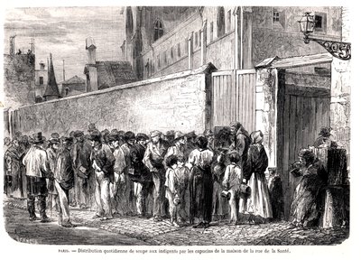 I Cappuccini di rue de la Sante distribuiscono la zuppa quotidiana ai poveri, da Le Monde Illustré, 1860 da French School