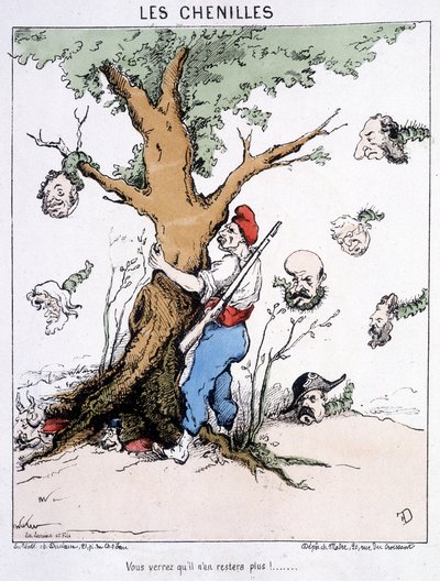 I Bruchi: "Vedrai che non ci saranno più" (un uomo con un berretto frigio scuote un albero da cui cadono bruchi dalla testa grande: Thiers, ecc.). Cartone animato sulla Comune da French School