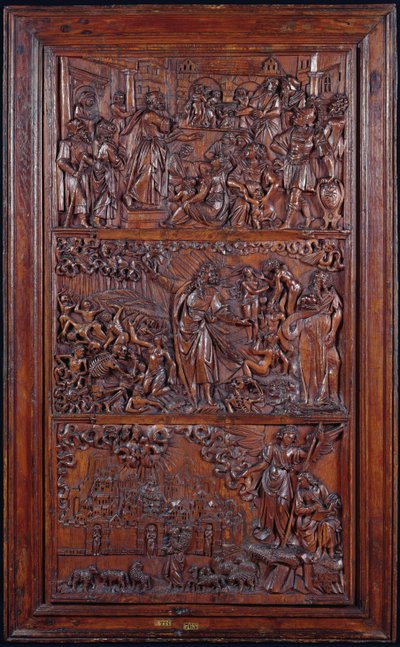 Il Credo, Pannello IV: La Remissione dei Peccati, Visione delle Ossa Secche di Ezechiele e Visione di Gerusalemme di San Giovanni, 1587 da French School