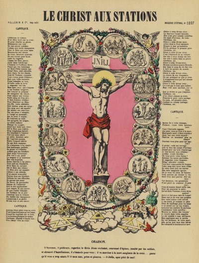 La crocifissione di Gesù e la Via Crucis (litografia a colori) da French School
