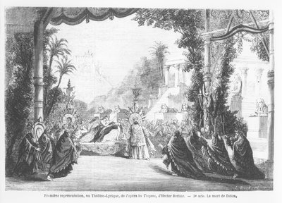 La morte di Didone, prima rappresentazione di Les Troyens di Hector Berlioz al Théâtre Lyrique, Parigi, da Le Monde Illustré, 14 novembre 1863 da French School