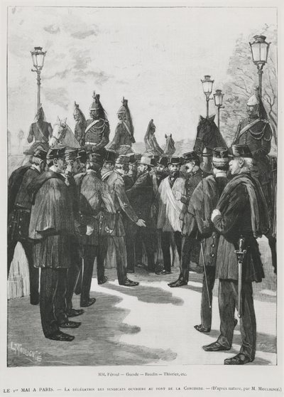 La delegazione dei sindacati al Pont de la Concorde durante la manifestazione per il 1° maggio a Parigi, 1° maggio 1890, inciso da L. Moulignie da French School