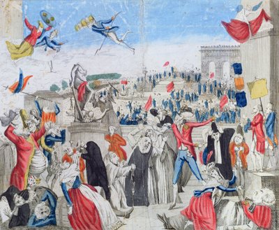 Gli aristocratici disperati che guardano la Fête de la Fédération sul Champs de Mars, 14 luglio 1790, c.1790 da French School