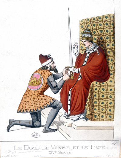 Il Doge di Venezia e il Papa nel XIV secolo - incisione da French School