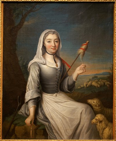 La Duchessa di Villars (?) in una bergere con una canna. Pittura francese, prima metà del XVIII secolo. Musee de Tesse, Le Mans da French School