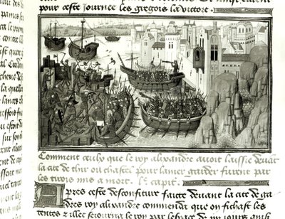 Il primo attacco a Tiro, dalla Histoire du Grand Alexandre 1460 da French School