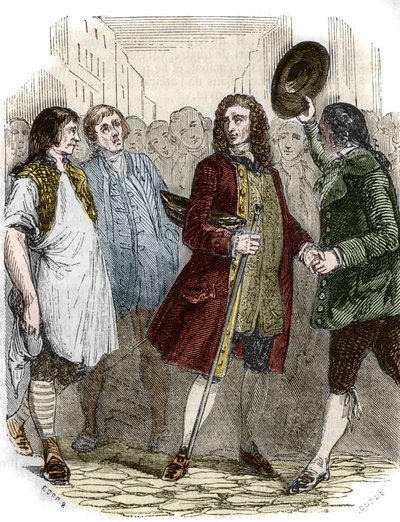 Lo scrittore e filosofo francese Francois-Marie Arouet detto Voltaire (1694-1778) tornato in Francia dopo il suo esilio. Incisione del XIX secolo da French School