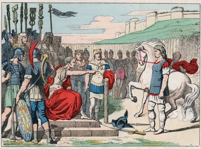 Il capo gallico Vercingetorige (80-46 a.C.) si arrende a Giulio Cesare (100-44 a.C.) ad Alesia nel 52 a.C. - incisione della fine del XIX secolo in 