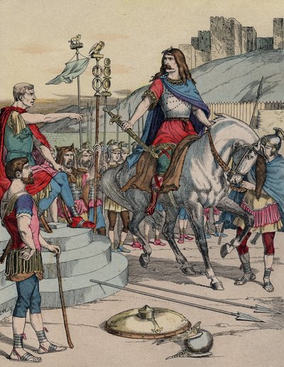 Il capo gallico Vercingetorige (72-46 a.C.) si arrende al capo romano Giulio Cesare (100-44 a.C.) dopo la battaglia di Alesia nel 52 a.C. da French School