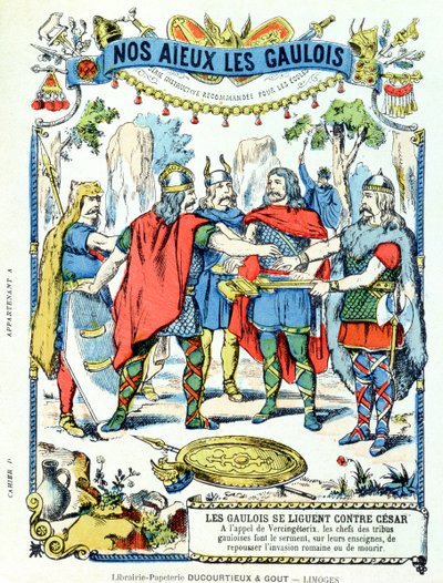 I capi galli in lega contro Giulio Cesare (100-44 a.C.) guidati da Vercingetorige (m.46 a.C.) da una copertina protettiva per libri scolastici, fine XIX secolo da French School