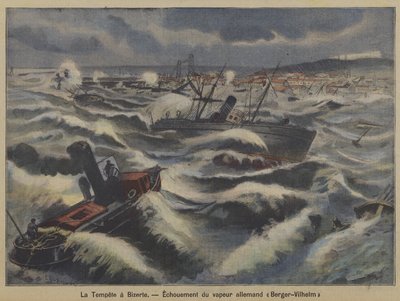 Il piroscafo tedesco Berger-Wilhelm si incaglia in una tempesta al largo di Biserta, Tunisia (litografia a colori) da French School