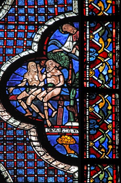 La finestra del Buon Samaritano: Dio chiama Adamo ed Eva (con foglie di fico) da French School