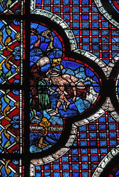 La finestra del Buon Samaritano: un Samaritano fascia le sue ferite da French School
