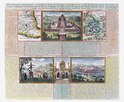 Il Grande Tempio, mappe del Messico e dei suoi dintorni (incisione colorata) da French School